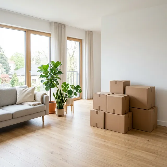 Clean minimalist living room on the left with a neat stack of blank moving boxes on the right
