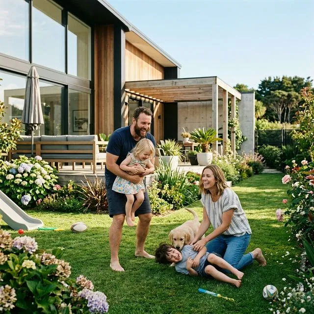 Kiwi family with young children playing in the garden of their new home in Australia